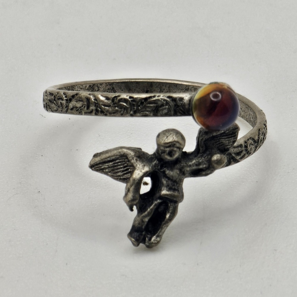 Vintage Ring Guardian Angel Silver Tone Stone